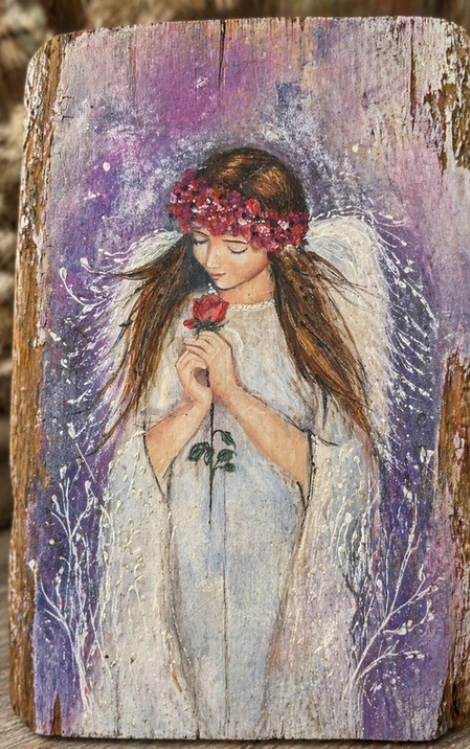 Anioł decoupage na drewnie
